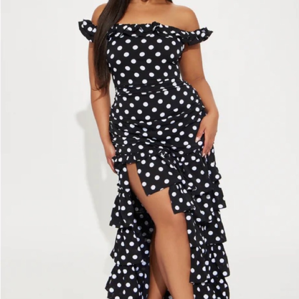 Black & White Polka Dot Ruffle Maxi Dress Cocktail / Wedding Guest / Evening - Picture 3 of 4